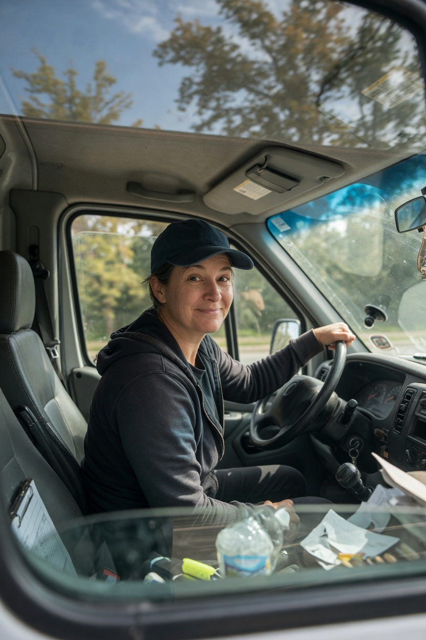 A driver at the wheel of a van.