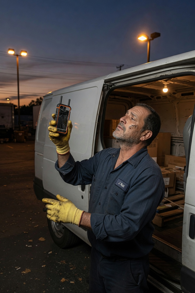 A driver beside an open van at dusk, phone in hand.