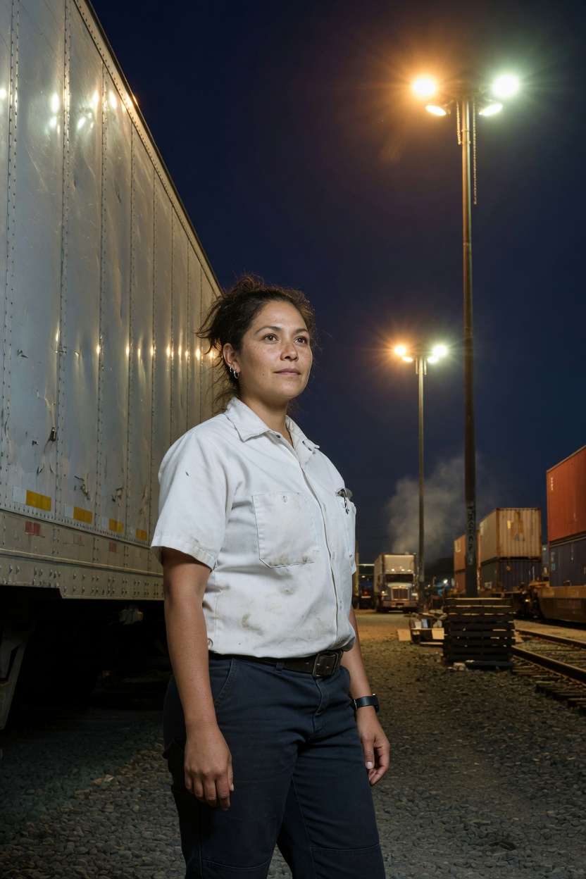 A driver in a freight yard at night.