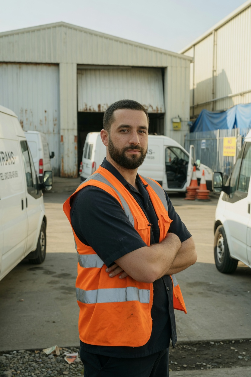 A driver in a high-visibility vest, standing in a van yard.