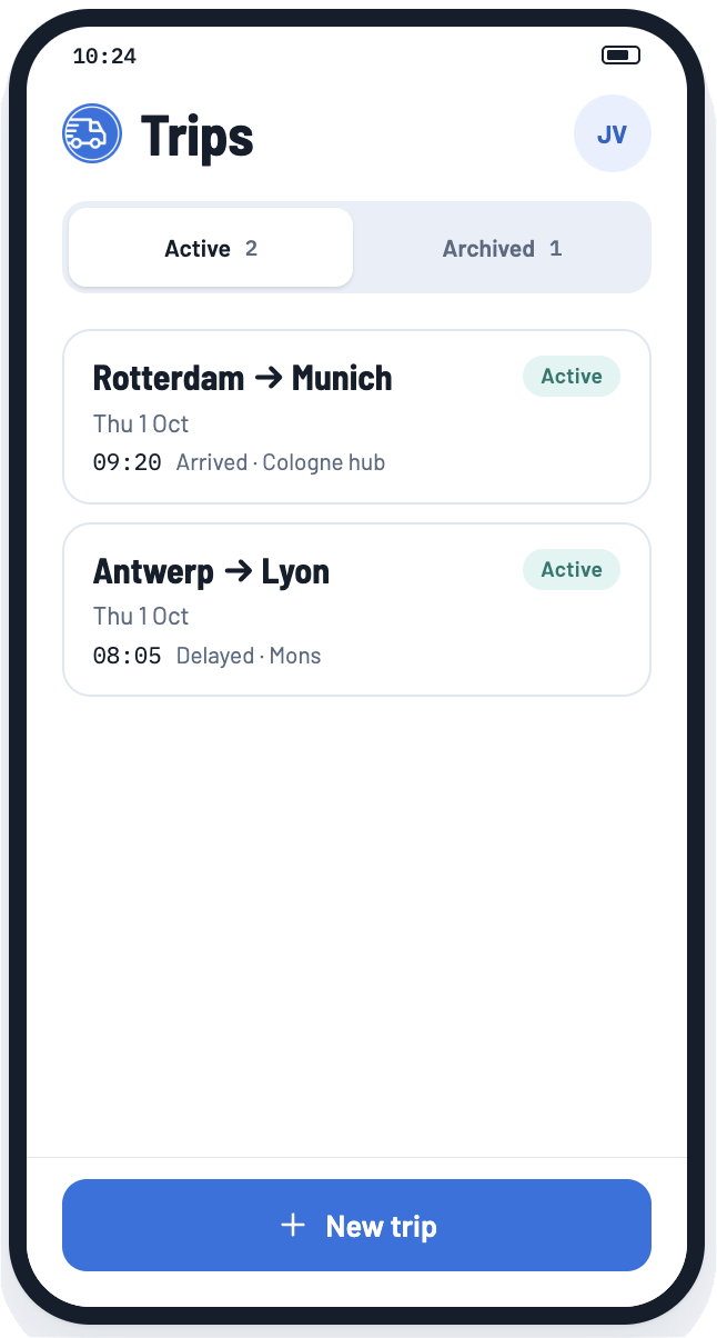 Driver app trip list. Active: Rotterdam to Munich, and Antwerp to Lyon.